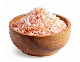 Pink salt crystals piled high in a wooden bowl, isolated