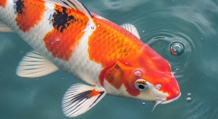 Vibrant Koi Carp Swimming in Clear Water, Orange, White, and Black Markings, Close-Up.