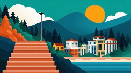 Colorful illustration of mountains, sunset, and coastal houses near a serene beach.