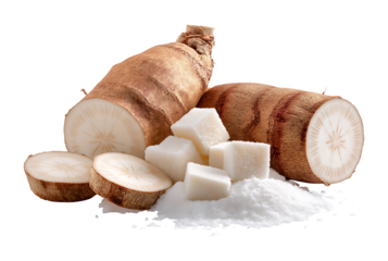 Cassava Roots and White Sugar Cubes isolated on a transparent background