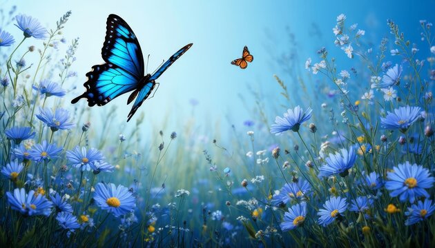 Blue morpho and small orange butterfly glide above a sunlit meadow of cornflowers and white wildflowers under a clear sky, capturing spring's serene, TV computer screensaver wallpaper