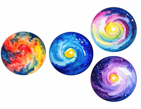 Four vibrant watercolor galaxy orbs with spiral centers