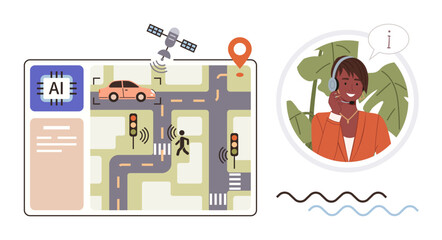 AI chip monitors traffic signals, pedestrian crossing, and GPS-tracked car with satellite, alongside customer support agent in headset. Ideal for transportation technology, automation, AI systems