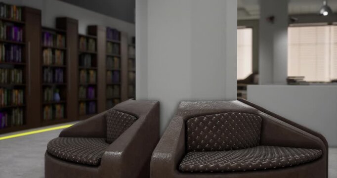 Soft, inviting chairs adorned with textured fabric create a sense of comfort in a modern interior. Bright natural light filters through large windows, enhancing the peaceful atmosphere.
