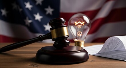 Gavel and lightbulb against american flag symbolizing justice and innovation
