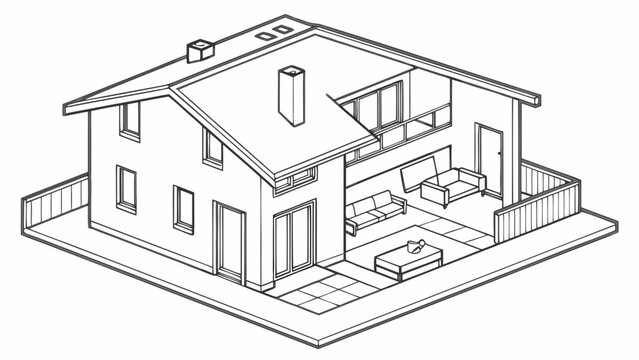 Isometric Architectural Line Drawing of Modern House with Cutaway Interior View, Showing Living Spaces and Patio