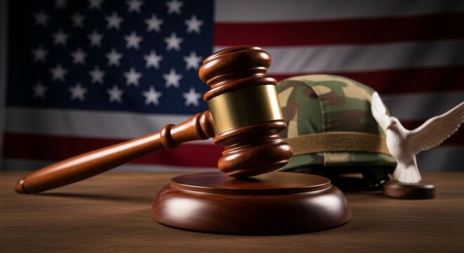 American flag, gavel, military helmet, and peace dove symbolize justice and peace - Powered by Adobe
