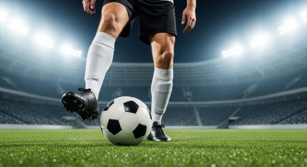 Fototapeta premium Soccer player kicking ball in stadium under bright stadium lights