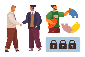 Handshake between colleagues, person assembling colorful puzzle pieces, and three padlocks representing collaboration, problem-solving, and online security. Ideal for teamwork, partnership, trust