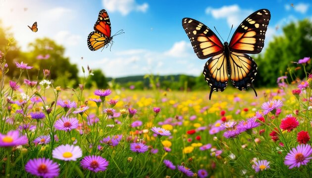 Butterflies flying over a vibrant summer meadow with colorful wildflowers under a bright blue sky, concepts of freedom, nature, new life and environment, TV computer screensaver wallpaper