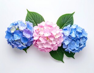 Fototapeta premium Three hydrangea blooms in blue, pink, framed by green leaves