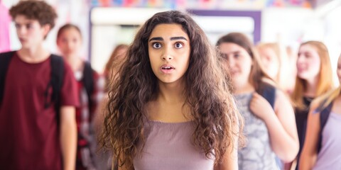 Obraz premium Teenager girl experiencing surprise, shock in crowded school hallway