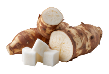 Yacon Root and Sugar Cubes: Natural Sweetener Alternative vs. Refined Sugar isolated on a transparent background