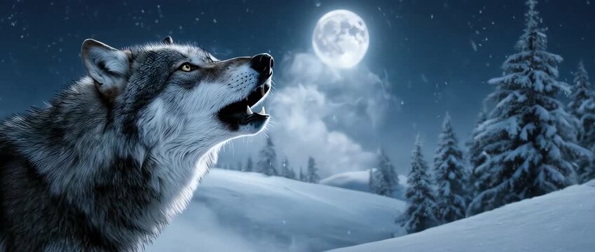 Majestic wolf howling at the moon in a snowy landscape, creating a serene and wild atmosphere with a winter solstice vibe and fairytale wonder