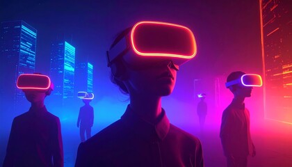 Group Of Futuristic People Wearing Neon Virtual Reality Headsets In Immersive Digital City Environment With Glowing Lights And Technology
