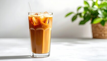 Tall Clear Glass Filled With Iced Coffee With Cream Swirled Throughout Garnished With Chocolate Powder On A White Table Next To A Potted Plant With Green Leaves In Natural Light