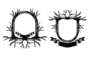 Tree Branch Frame Vector with Vintage Roots and Ribbon Decoration