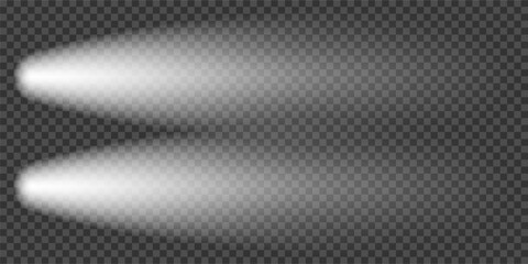 Car headlight top view. Lighthouse camera, motorcycle lamp flare. Night front flashlight, png overlay. Street led effect, light beam in smoky fog. Isolated train head spot vector, beacon lense aerial