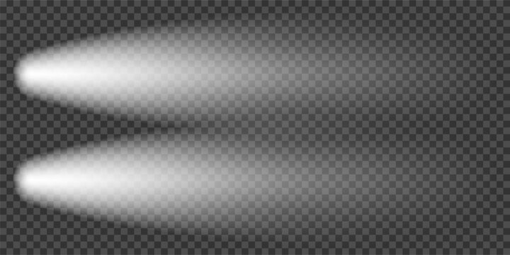 Car headlight top view. Lighthouse camera, motorcycle lamp flare. Night front flashlight, png overlay. Street led effect, light beam in smoky fog. Isolated train head spot vector, beacon lense aerial