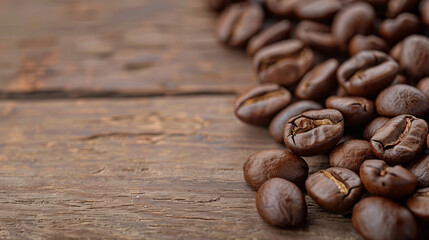 Fototapeta premium Roasted Coffee Beans on Rustic Wood: Close-up of roasted coffee beans arranged artfully on a weathered, wooden surface, their rich brown hues contrasting with the textured grain. Inviting aroma.