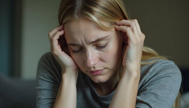 A young blonde woman expressing deep emotional pain and discomfort, possibly from a migraine or intense stress, highlighting struggles with mental well-being and anxiety