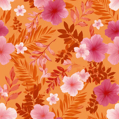 Seamless Pattern of Vibrant Floral Pattern with Tropical Flowers on an Earthy Orange Background for Decor Inspiration