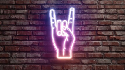 Neon hand sign on brick wall background rock and roll gesture concept