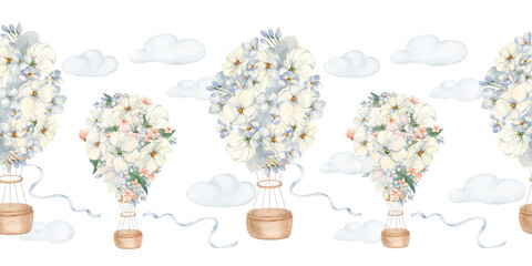 Blue floral balloons with baskets on seamless border isolated. Hand painted aerostat with neutral flowers, clouds and satin ribbon. Watercolor repeat for birthday decorations. Endless sky kids motif.