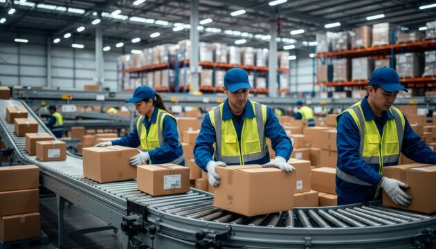 Workers in logistics warehouse sorting packages on conveyor belt