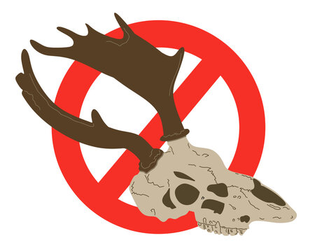 Minimalist illustration of a deer skull overlaid with a red prohibition sign, conveying an anti-hunting or wildlife protection&nbsp;message