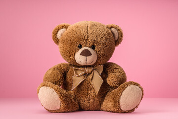Teddy bear plush kids toy against a pink background