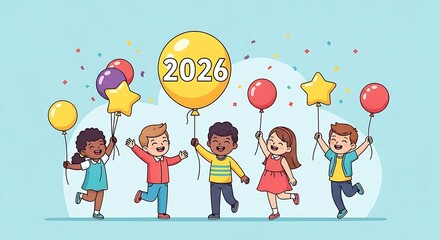 Diverse group of happy children celebrating and holding balloons with the year 2026 on a festive background