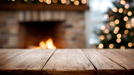Empty wooden table with christmas fireplace background