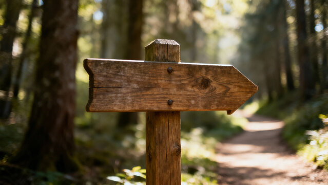 A rustic wooden directional signpost located near a forest path in a natural outdoor setting. travel magazines, destination branding, designed for outdoor magazines and nature guides.