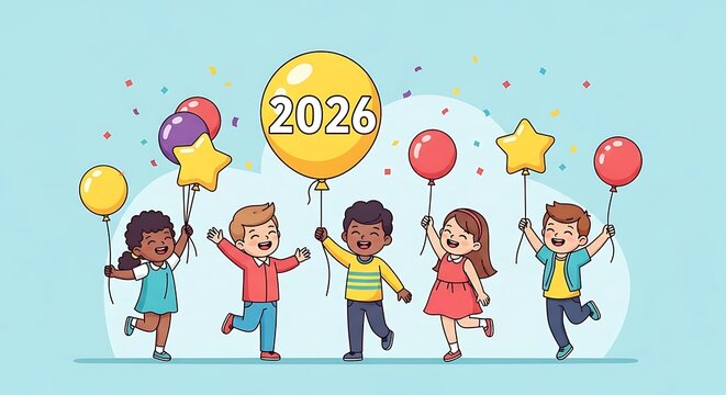Diverse group of happy children celebrating and holding balloons with the year 2026 on a festive background