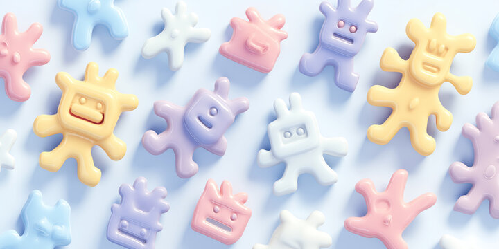 Colorful abstract shapes with playful expressions are scattered across light background, creating whimsical and vibrant pattern. pastel hues of pink, blue, yellow, and purple add cheerful