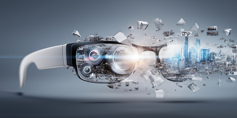 Futuristic pair of augmented reality glasses is depicted in exploded view, showcasing intricate components and cityscape reflection. image conveys innovation and technology