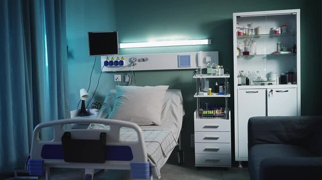 View of an empty ICU bed in hospital room with modern healthcare equipment