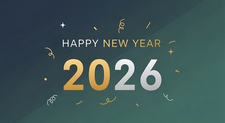 Happy new year 2026 celebration with golden and silver numbers and confetti against a dark gradient background