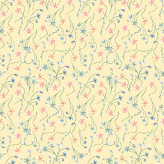 Liberty Floral Seamless print on beige background. Watercolor flowers blue pink colors seamless pattern. Hand drawn gentle small flowers repeated for delicate home textile, wallpapers, packaging.