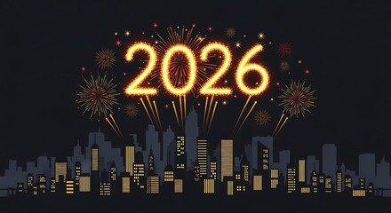 Bright golden 2026 numbers illuminated by festive fireworks above a silhouetted cityscape at night