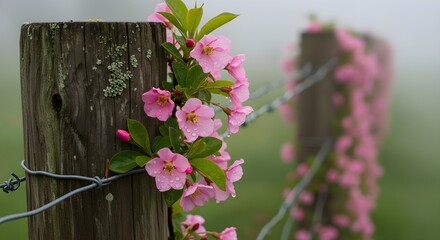 Vibrant pink spring blossoms gracefully entwine around weathered wooden fence posts and rustic barbed wire, creating a picturesque scene of nature's delicate embrace amidst a soft, misty landscape