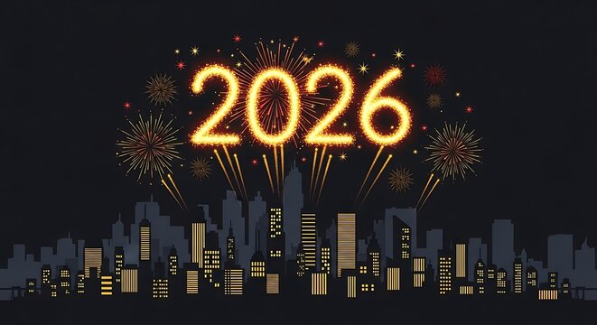 Bright golden 2026 numbers illuminated by festive fireworks above a silhouetted cityscape at night - Powered by Adobe