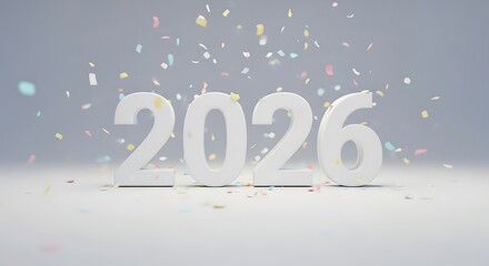 White 3d numbers spelling out the year 2026 with falling confetti against a soft blue and grey gradient background
