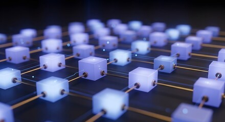 Fototapeta premium Decentralized network of glowing blue cubes connected by gold rods on a dark background, representing blockchain technology and distributed ledger systems.