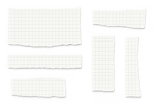 Torn graph paper pieces with ripped edges, blank checkered notebook sheets on a transparent background