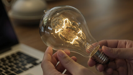 Man holding a light bulb And there is a gear icon in it And he is using a notebook computer, The idea of inspiration from online technology, innovation idea concept