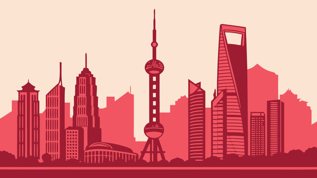 A skyline illustration of shanghai with prominent skyscrapers and the oriental pearl tower in silhouette