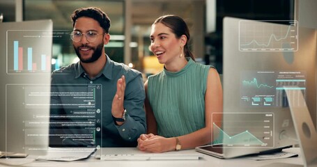 Team, overlay and computer with business people in office for tracking stock market, trading graph and night. Collaboration, account and bokeh with employee and overtime for investment dashboard - Powered by Adobe