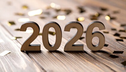 Happy New Year 2026! Confetti falling against wooden background